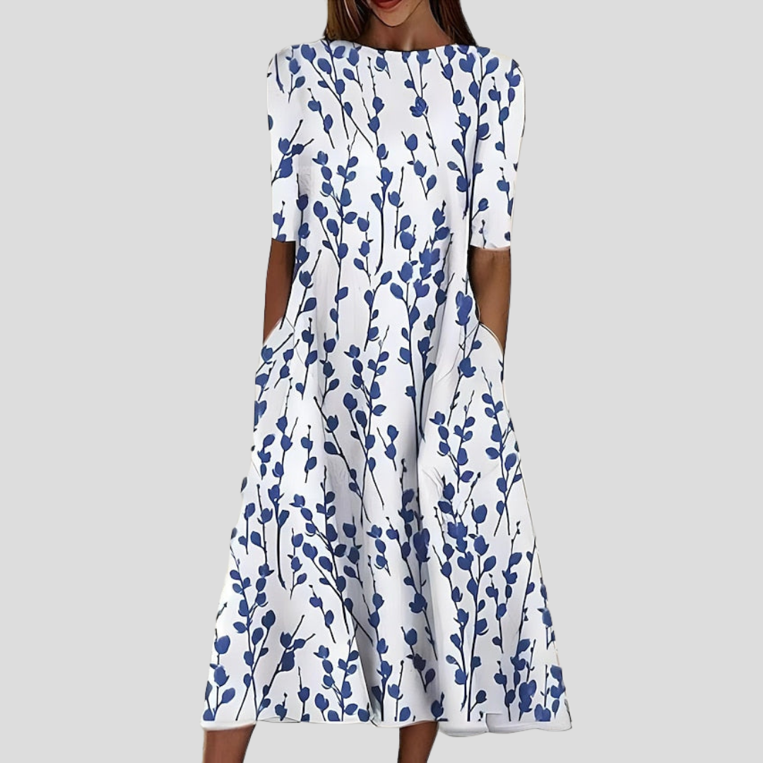 Leigh™ – Coastal Floral Midi Dress with Classic Round Neck