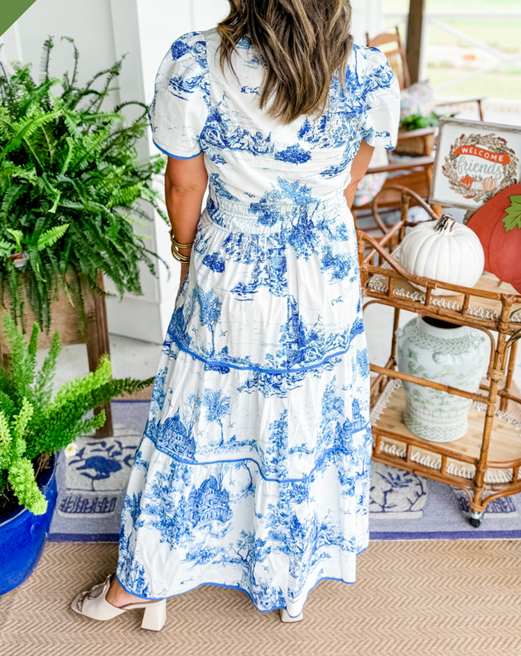 Alexia™ – Vintage Toile Print Maxi Dress for Effortless Elegance