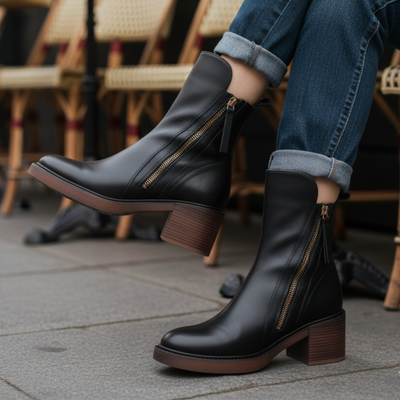 Valorine™ | Black leather boots with a comfortable heel, elegant and timeless