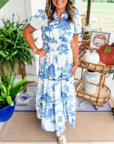Alexia™ – Vintage Toile Print Maxi Dress for Effortless Elegance
