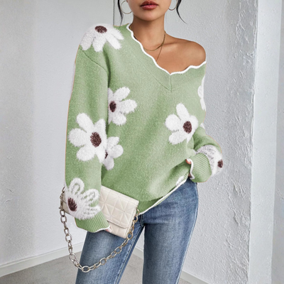 KYUPA™ - Casual Drop Shoulder Long Sleeve V-Neck Sweater
