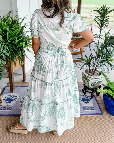 Alexia™ – Vintage Toile Print Maxi Dress for Effortless Elegance