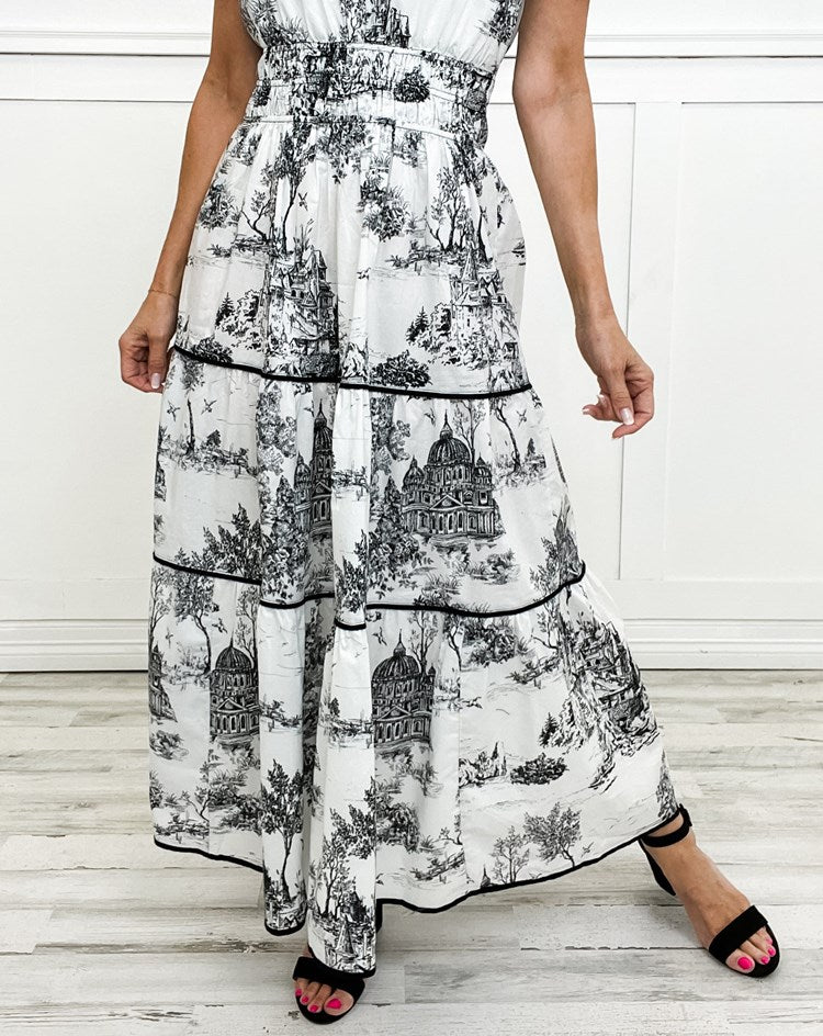 Alexia™ – Vintage Toile Print Maxi Dress for Effortless Elegance