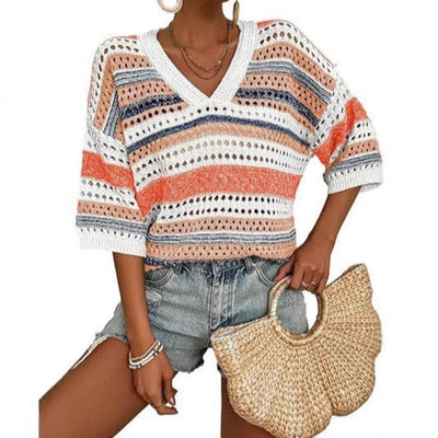 KELISE™ – Casual Striped Crochet V-Neck Summer Top