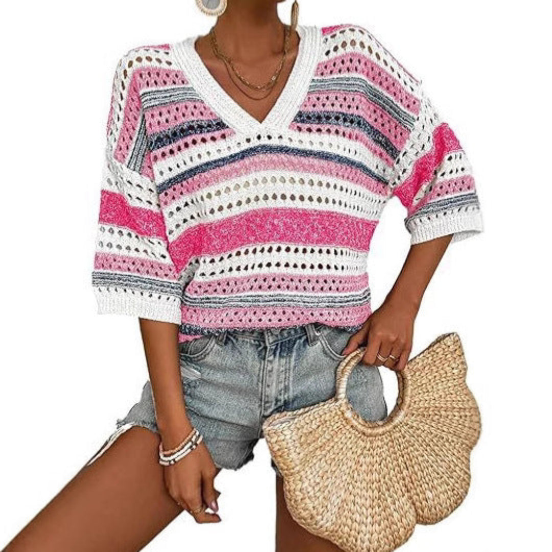 KELISE™ – Casual Striped Crochet V-Neck Summer Top