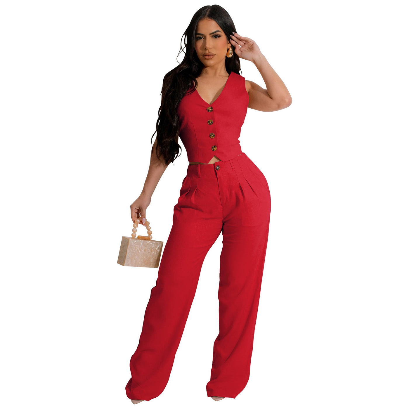 FONORA™ - Elegant V-Neck Crop Tank and High Waist Pants Set